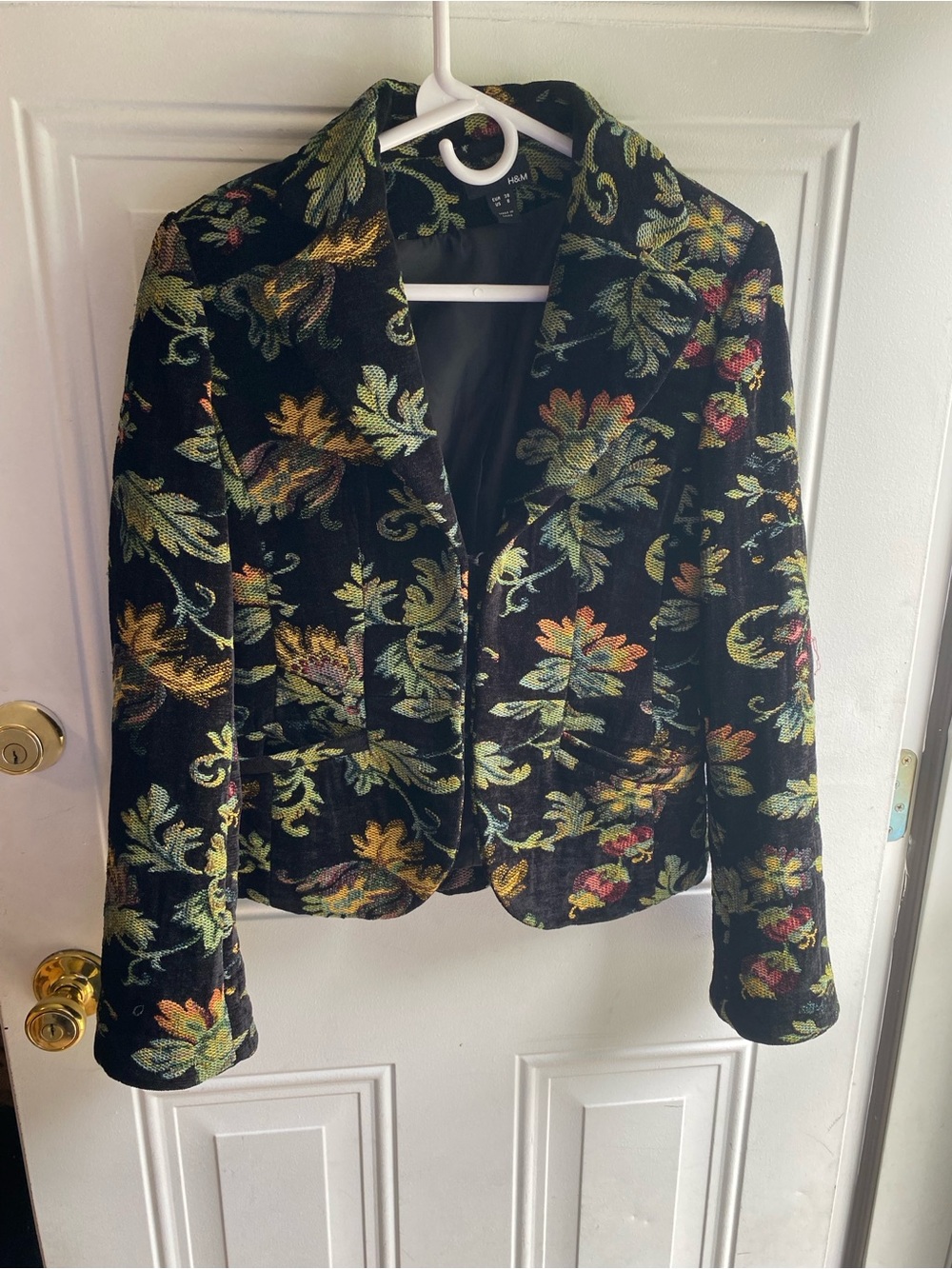 H&M Black Floral Velvet Blazer Jacket with Green and Gold Accents